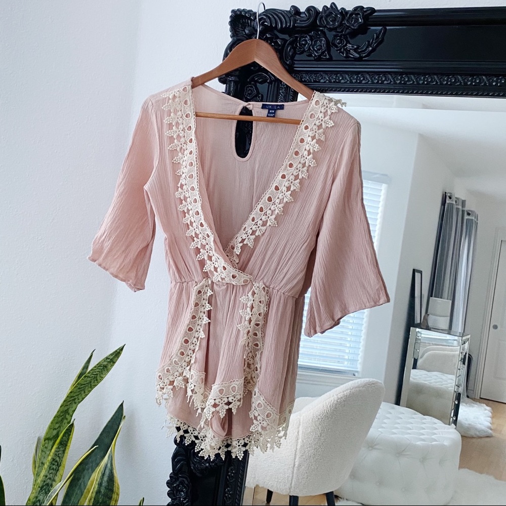 UK2LA | Women’s Pink Lace Deep V Blush Romper